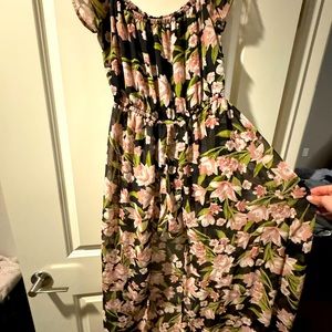 Radiant Elegance: Black and Pink Floral Romper with Chic Train - Medium